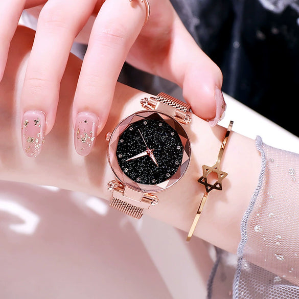 Women's Quartz Watch With Magnet Buckle Alloy Strap And Case Titanium Buckle Round Dial Leisure Style Starry Sky Design