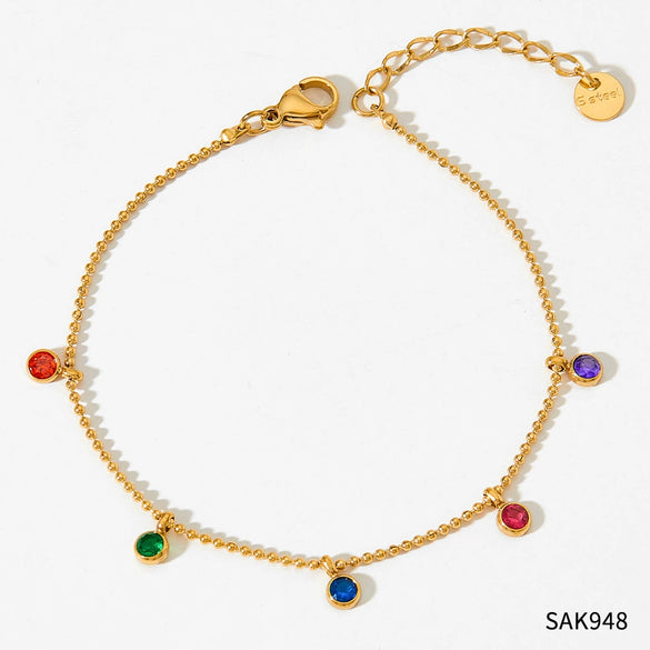 Women's Rainbow Candy Zircon Geometric Pendant Stainless Steel Bracelet With Exquisite Thin Chain And Electroplating