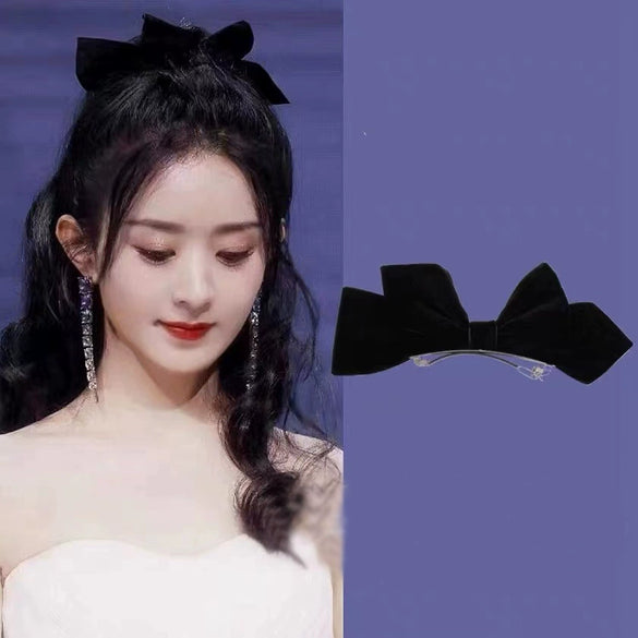 Women's Red And Black Velvet Bow Handmade Hairpin Headwear Spring Clip
