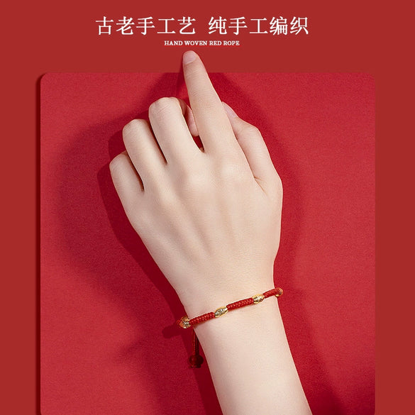 Women's Red Cord Bracelet With Dragon Knot Geometric Hollow Beads And Handwoven Detail