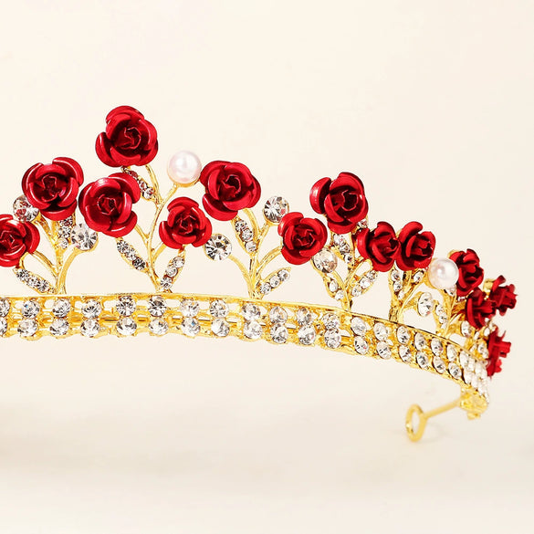 Women's Red Rose Electroplated Metal Bridal Crown Baroque Wedding Headpiece Elegant Hair Accessory
