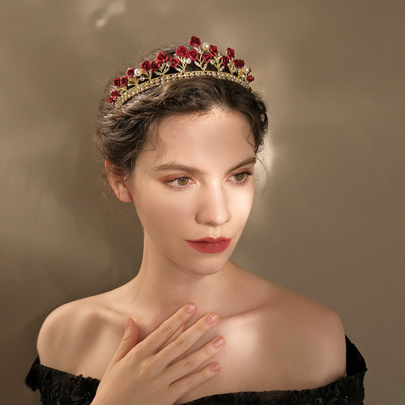 Women's Red Rose Electroplated Metal Bridal Crown Baroque Wedding Headpiece Elegant Hair Accessory