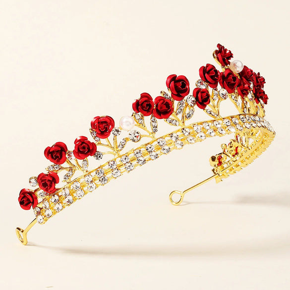 Women's Red Rose Electroplated Metal Bridal Crown Baroque Wedding Headpiece Elegant Hair Accessory