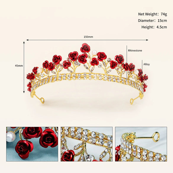 Women's Red Rose Electroplated Metal Bridal Crown Baroque Wedding Headpiece Elegant Hair Accessory