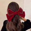 Women's Red Velvet Bow Handmade Hairpin Horizontal Clip For Autumn And Winter Hair Accessories