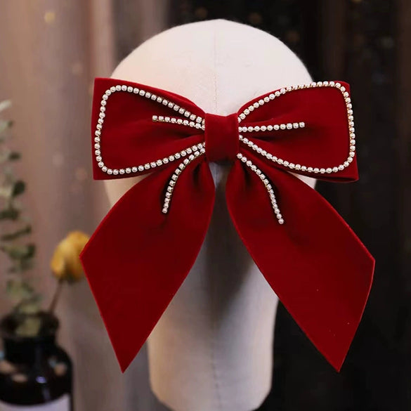 Women's Red Velvet Bow Handmade Hairpin Horizontal Clip For Autumn And Winter Hair Accessories