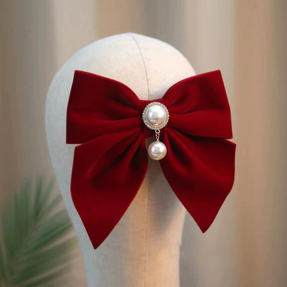 Women's Red Velvet Bow Handmade Hairpin Horizontal Clip For Autumn And Winter Hair Accessories