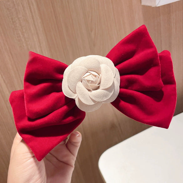 Women's Red Velvet Bow Handmade Hairpin Horizontal Clip For Autumn And Winter Hair Accessories