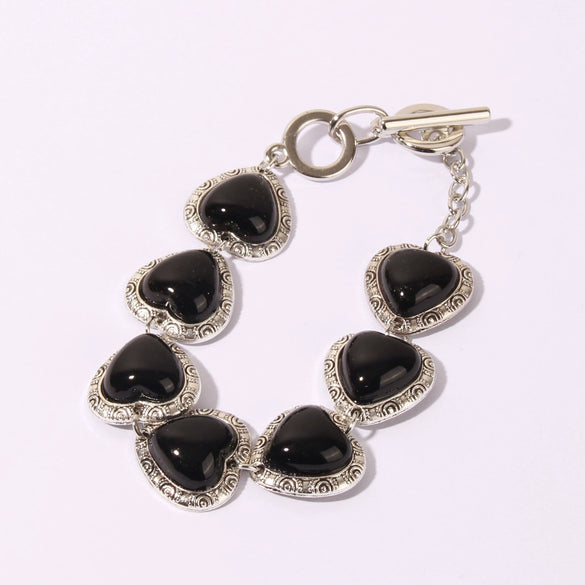 Women's Retro Alloy Heart Bracelet With Turquoise Diamond Cut Detail Vintage Style Hand Jewelry