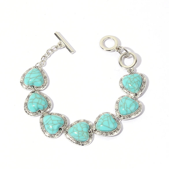 Women's Retro Alloy Heart Bracelet With Turquoise Diamond Cut Detail Vintage Style Hand Jewelry