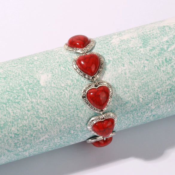 Women's Retro Alloy Heart Bracelet With Turquoise Diamond Cut Detail Vintage Style Hand Jewelry