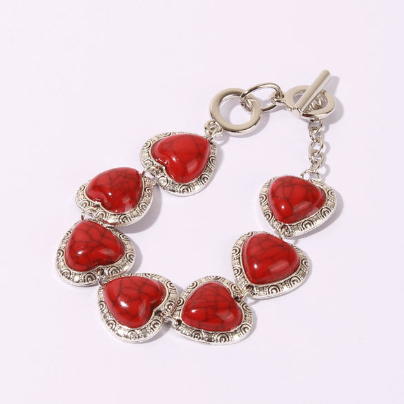 Women's Retro Alloy Heart Bracelet With Turquoise Diamond Cut Detail Vintage Style Hand Jewelry