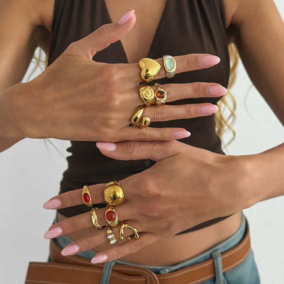 Women's Retro Alloy Plated Open Heart Ring With Smooth Geometric Design And Resin Acrylic Crystal Detail For Stacking