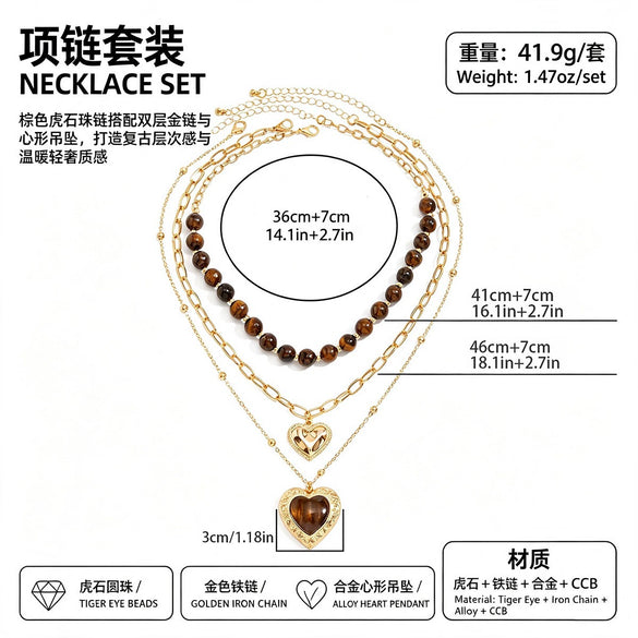 Women's Retro Amber Tiger's Eye Beaded Necklace With Plated Alloy Heart Pendant And Layered Geometric Design