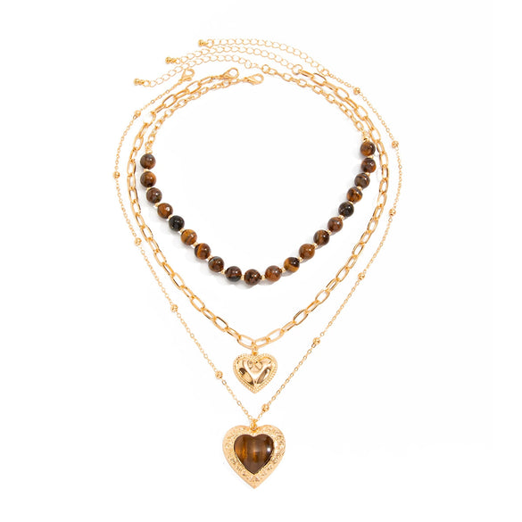 Women's Retro Amber Tiger's Eye Beaded Necklace With Plated Alloy Heart Pendant And Layered Geometric Design