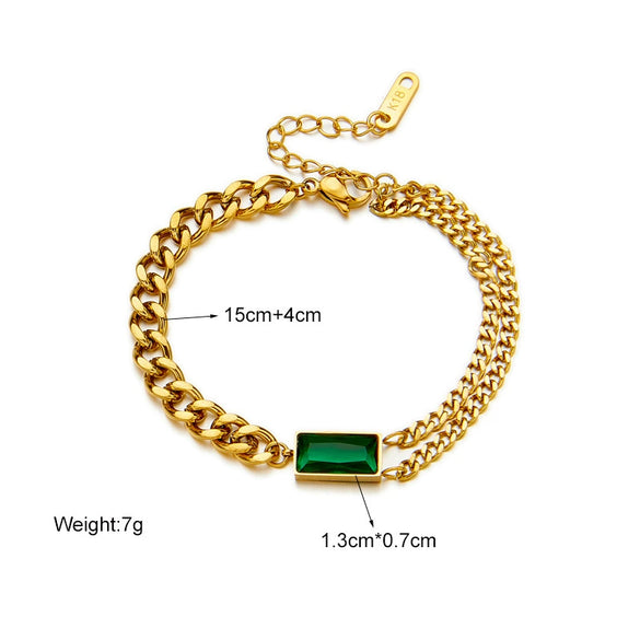 Women's Retro Asymmetric Square Metal Green Diamond Titanium Steel Electroplated Jewelry Bracelet