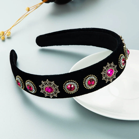 Women's Retro Baroque Cloth Headband With Diamond Embellishment Wide Fashion Hair Accessory For Wholesale