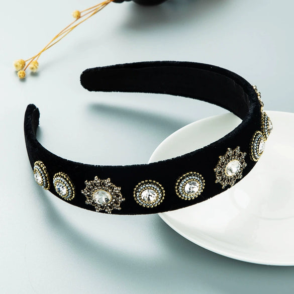 Women's Retro Baroque Cloth Headband With Diamond Embellishment Wide Fashion Hair Accessory For Wholesale