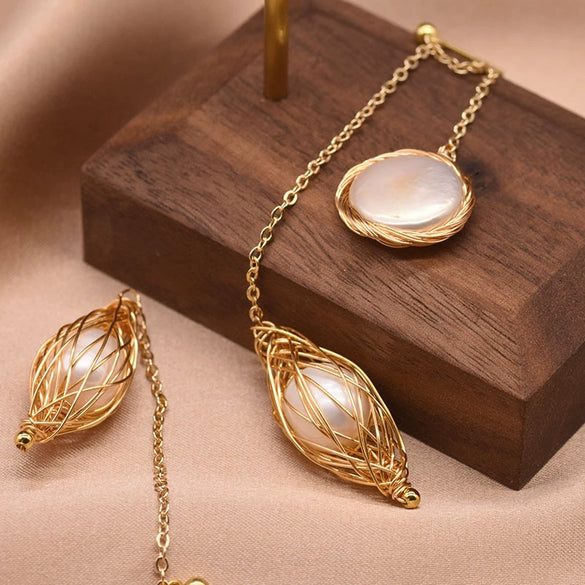 Women's Retro Baroque Freshwater Pearl Button Earrings With Woven Geometric Design And Electroplated Finish High Quality Jewelry