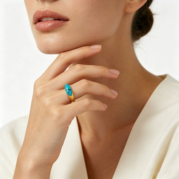 Women's Retro Blue Turquoise Geometric Open Ring In Stainless Steel With Electroplated Finish Adjustable Jewelry Accessory