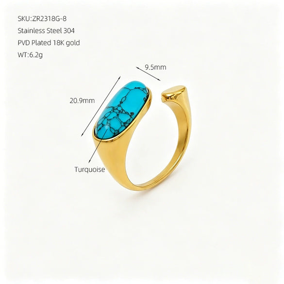 Women's Retro Blue Turquoise Geometric Open Ring In Stainless Steel With Electroplated Finish Adjustable Jewelry Accessory