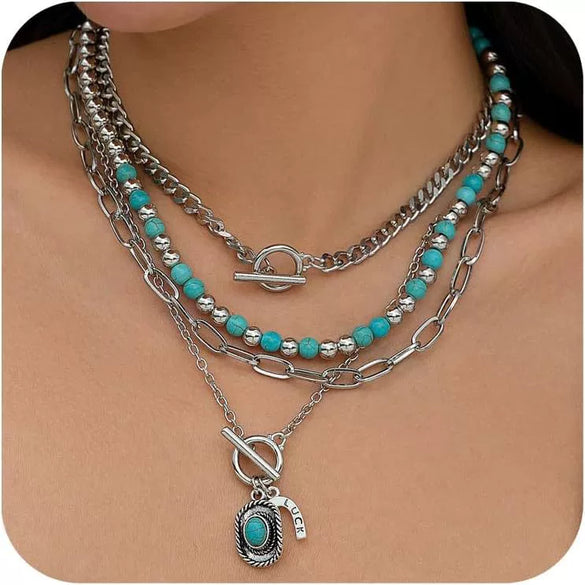 Women's Retro Bohemian Copper Beaded Necklace With Imitation Turquoise Animal Zodiac Pendant Electroplated Fashion Jewelry
