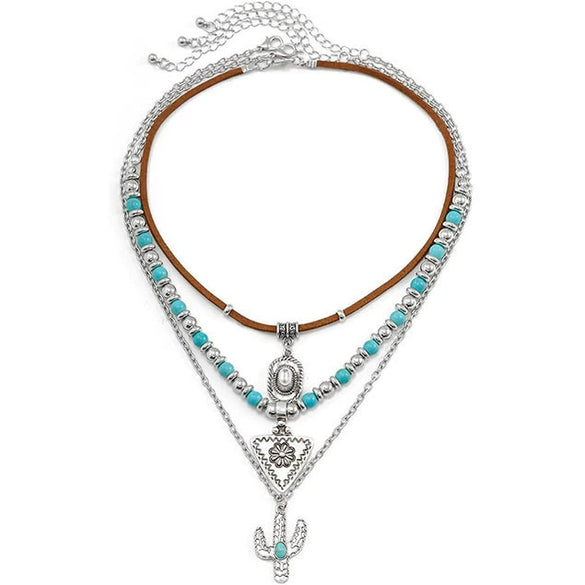 Women's Retro Bohemian Copper Beaded Necklace With Imitation Turquoise Animal Zodiac Pendant Electroplated Fashion Jewelry