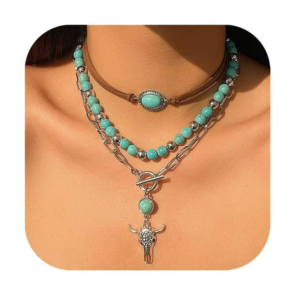 Women's Retro Bohemian Copper Beaded Necklace With Imitation Turquoise Animal Zodiac Pendant Electroplated Fashion Jewelry