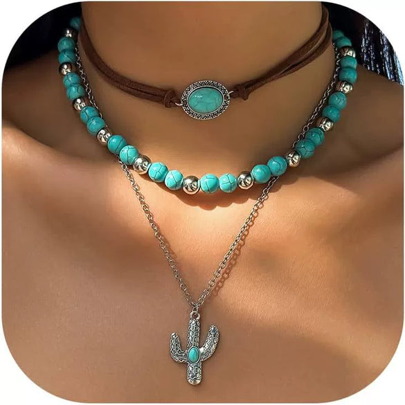 Women's Retro Bohemian Copper Beaded Necklace With Imitation Turquoise Animal Zodiac Pendant Electroplated Fashion Jewelry