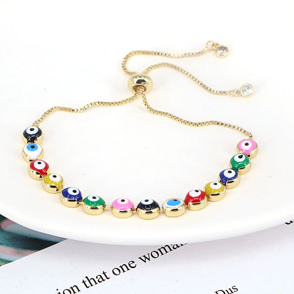 Women's Retro Bohemian Mixed Color Evil Eye Geometric Copper Bracelet With Electroplated Finish Adjustable Fashion Bracelet