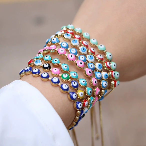Women's Retro Bohemian Mixed Color Evil Eye Geometric Copper Bracelet With Electroplated Finish Adjustable Fashion Bracelet