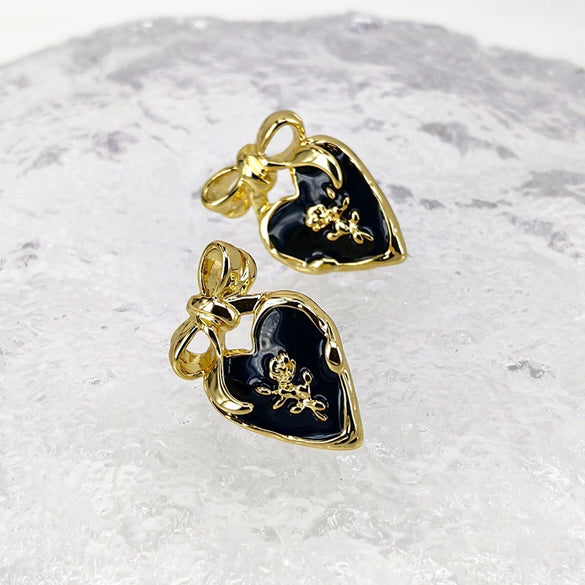 Women's Retro Bow Dropglaze Earrings With Goldplated Copper Design And Sterling Silver Ear Needles
