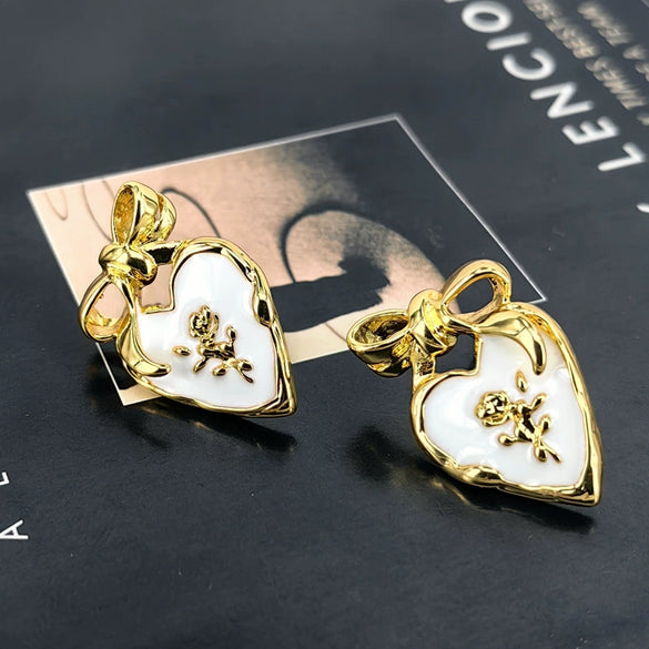 Women's Retro Bow Dropglaze Earrings With Goldplated Copper Design And Sterling Silver Ear Needles
