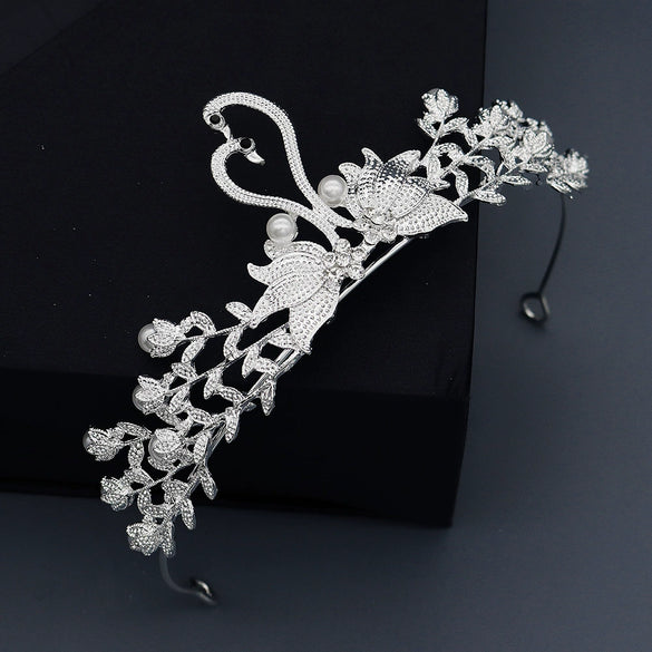 Women's Retro Bridal Crown Headpiece With Pearl And Rhinestone Alloy Swan Design Wedding Hair Accessory