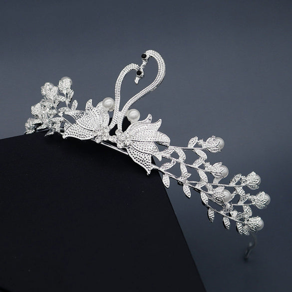 Women's Retro Bridal Crown Headpiece With Pearl And Rhinestone Alloy Swan Design Wedding Hair Accessory