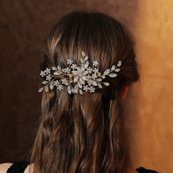 Women's Retro Bridal Wedding Hair Comb With Handmade Flower Design And Marquise Rhinestone Embellishments