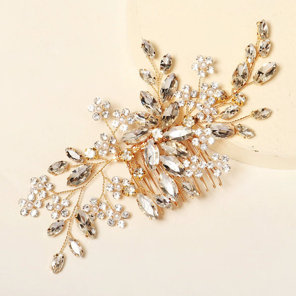 Women's Retro Bridal Wedding Hair Comb With Handmade Flower Design And Marquise Rhinestone Embellishments