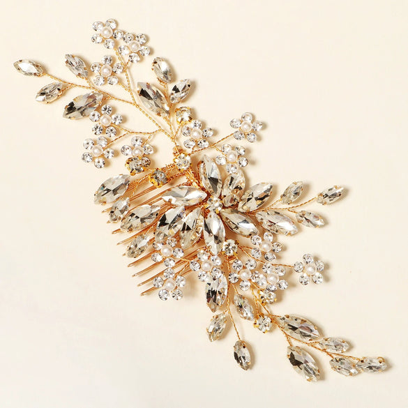 Women's Retro Bridal Wedding Hair Comb With Handmade Flower Design And Marquise Rhinestone Embellishments