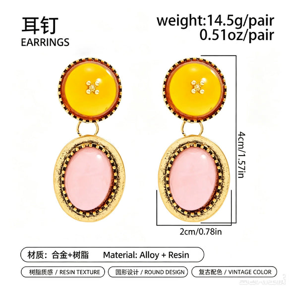 Women's Retro Colorblock Tiedye Oval Resin Stud Earrings Electroplated Alloy Geometric Jewelry With Steel Posts
