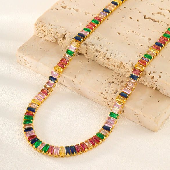 Women’s Retro Colorful Square Geometric Zircon Necklace With Copper Box Chain Electroplated Fashion Jewelry