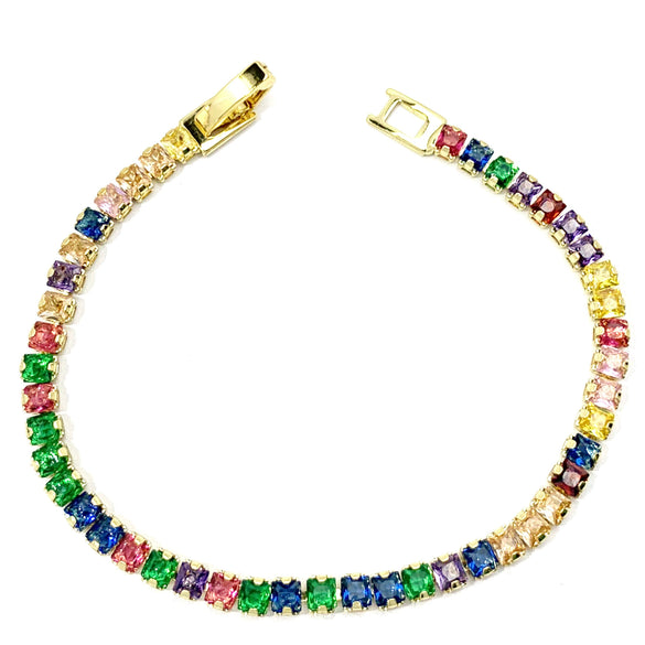 Women’s Retro Colorful Square Geometric Zircon Necklace With Copper Box Chain Electroplated Fashion Jewelry