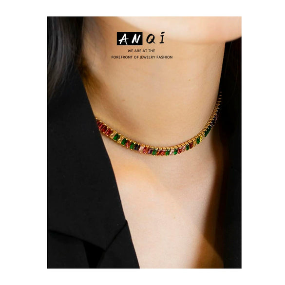Women’s Retro Colorful Square Geometric Zircon Necklace With Copper Box Chain Electroplated Fashion Jewelry