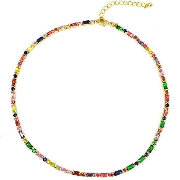 Women’s Retro Colorful Square Geometric Zircon Necklace With Copper Box Chain Electroplated Fashion Jewelry