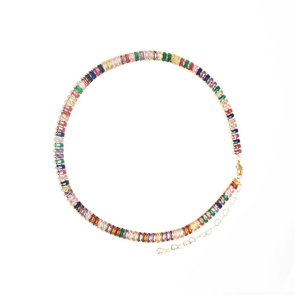 Women’s Retro Colorful Square Geometric Zircon Necklace With Copper Box Chain Electroplated Fashion Jewelry