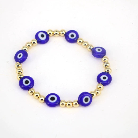 Women's Retro Copper Beaded Bracelet With Glass Devil Eye Geometric Facial Expression Design Electroplated Fashion Jewelry