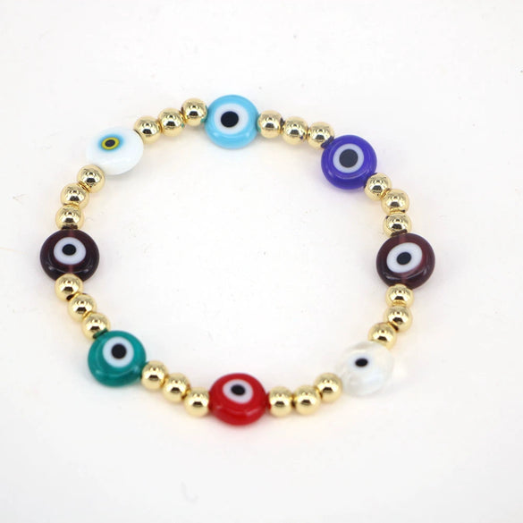 Women's Retro Copper Beaded Bracelet With Glass Devil Eye Geometric Facial Expression Design Electroplated Fashion Jewelry