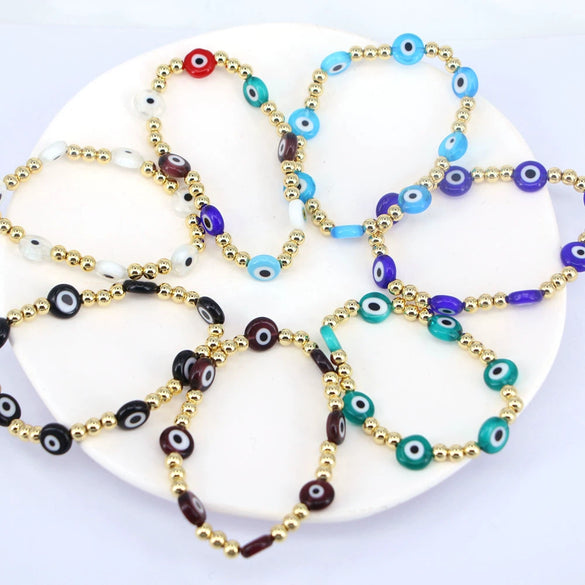 Women's Retro Copper Beaded Bracelet With Glass Devil Eye Geometric Facial Expression Design Electroplated Fashion Jewelry