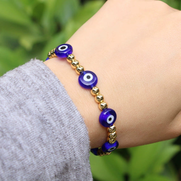 Women's Retro Copper Beaded Bracelet With Glass Devil Eye Geometric Facial Expression Design Electroplated Fashion Jewelry