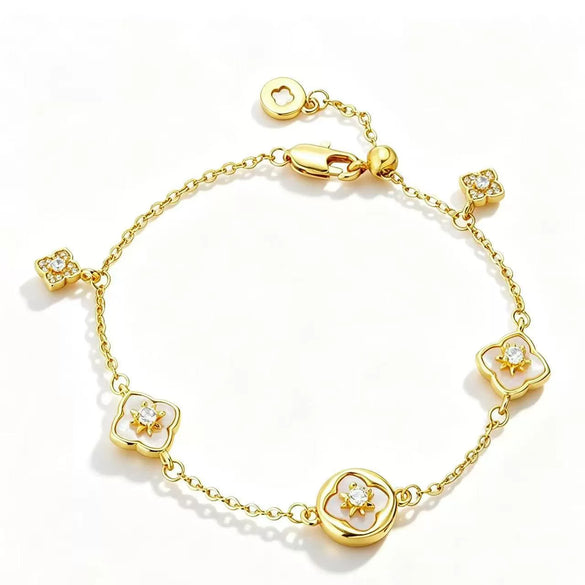 Women's Retro Copper Four Leaf Flower Bracelet With Diamond Encrusted Floral Design And Electroplated Exquisite Fashion Style