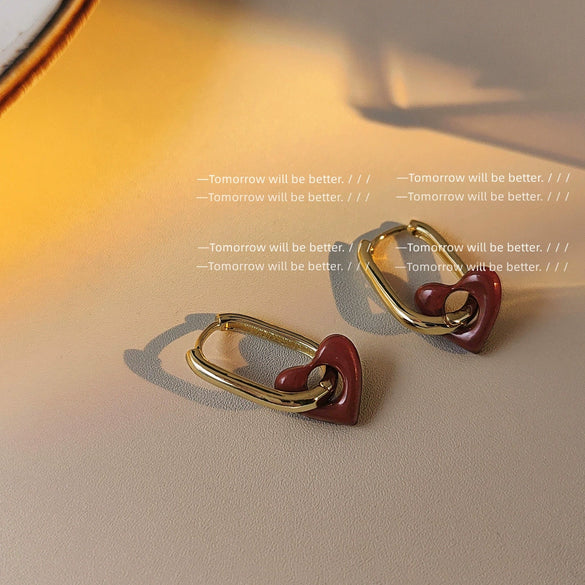 Women's Retro Copper Heart Earrings With White Lily And Red Love Motif Electroplated French Style Fashion Ear Buckle Jewelry